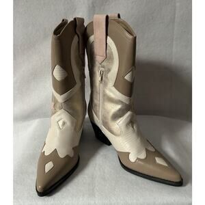NIB Shu Shop ZIZI Western Motif Cowgirl Gold Chunky Heel Boots -8